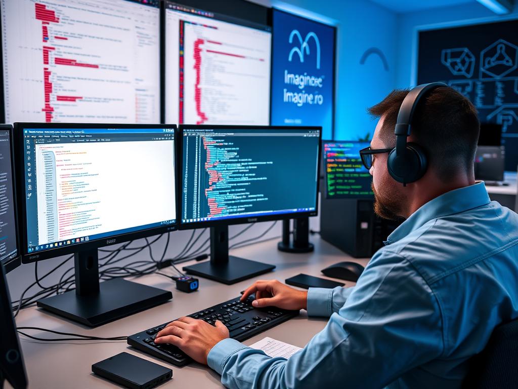 Développeur d'imagin.pro travaillant sur le code d'un site internet avec plusieurs écrans Développeur d'imagin.pro travaillant sur le code d'un site internet avec plusieurs écrans