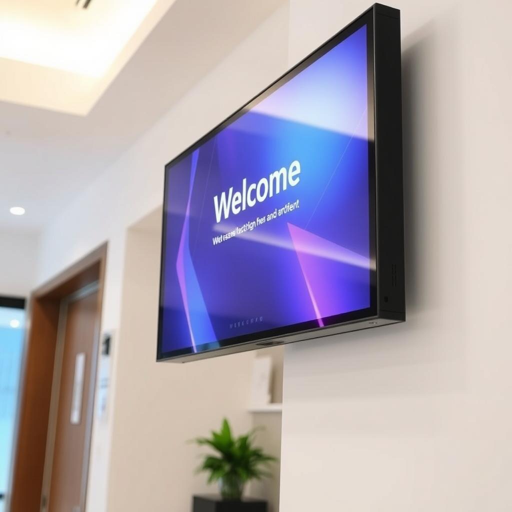 Écran professionnel d'affichage dynamique Imagin installé dans un hall d'accueil Écran professionnel d'affichage dynamique Imagin installé dans un hall d'accueil