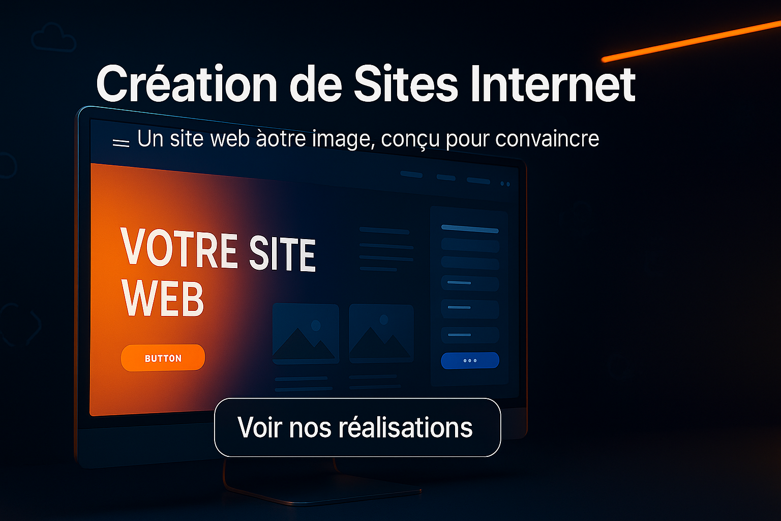 Ordinateur affichant une maquette de site web avec le texte “Création de Sites Internet” et un bouton “Voir nos réalisations”, sur fond sombre et design futuriste
